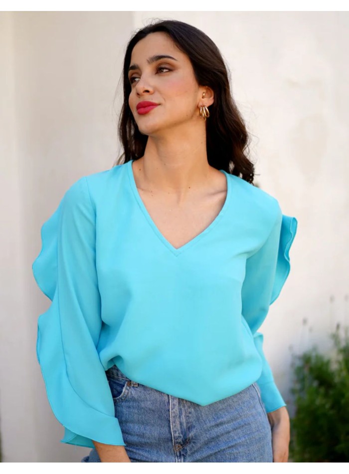 Aquamarine blouse with neckline slit and ruffle...
