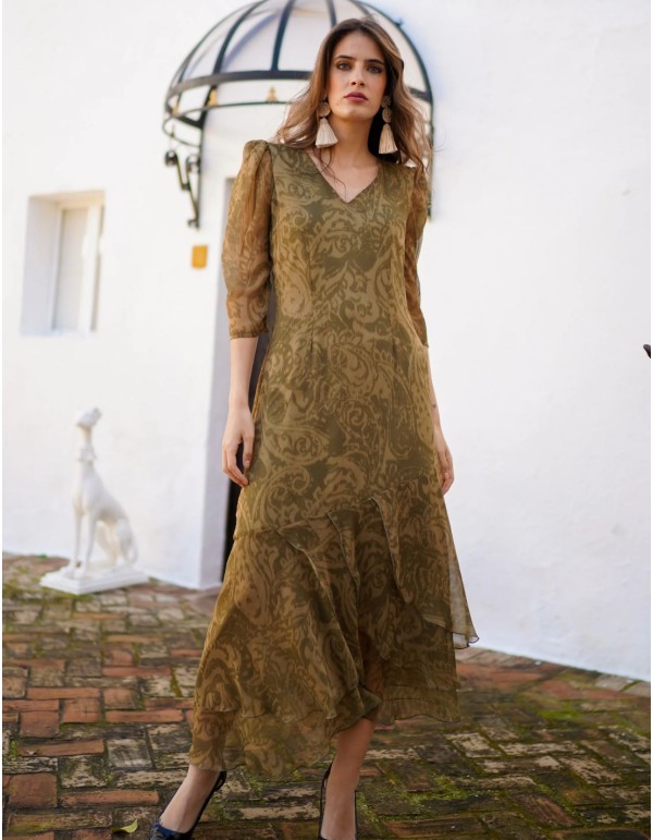Vestido midi verde oliva con estampado barroco y volantes