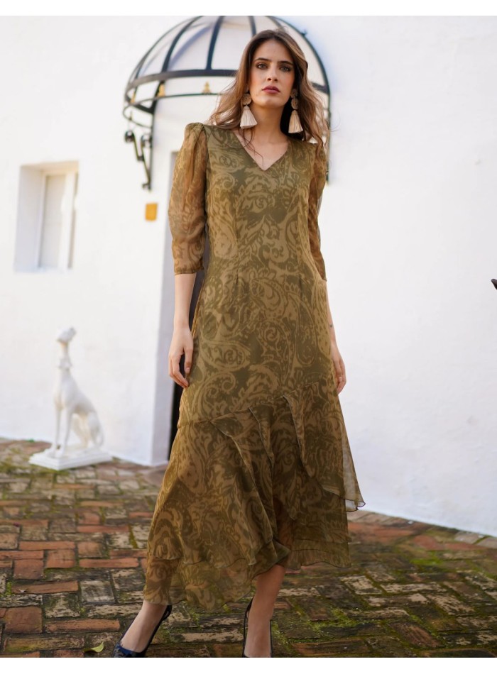 Olive green midi dress with baroque print and...