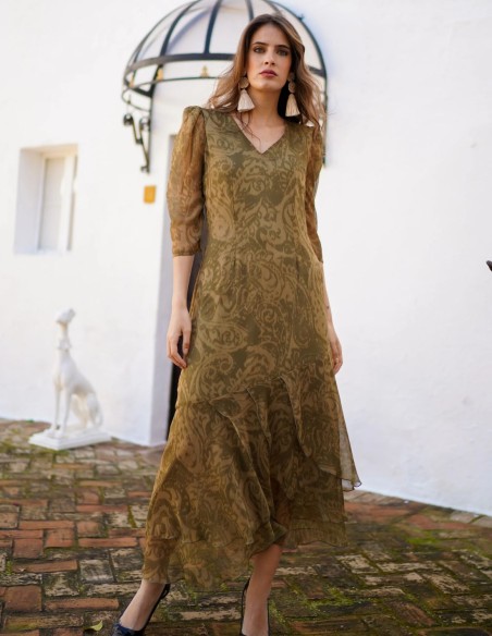 Robe midi vert olive à imprimé baroque et volants