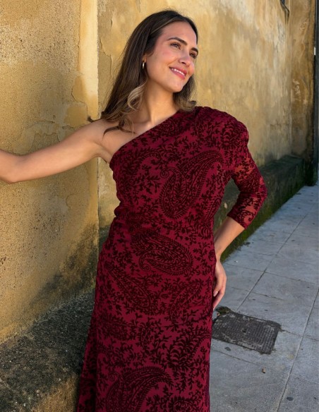 Burgundy midi dress in flocked chiffon and asymmetrical neckline