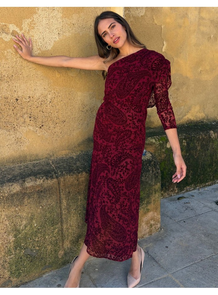 Robe midi en mousseline floquée à encolure...