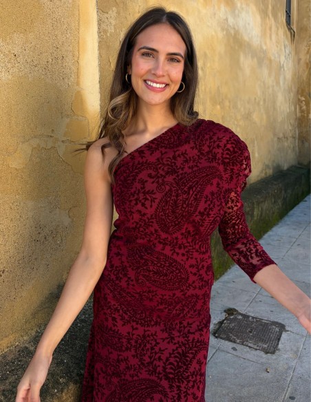 Burgundy midi dress in flocked chiffon and asymmetrical neckline