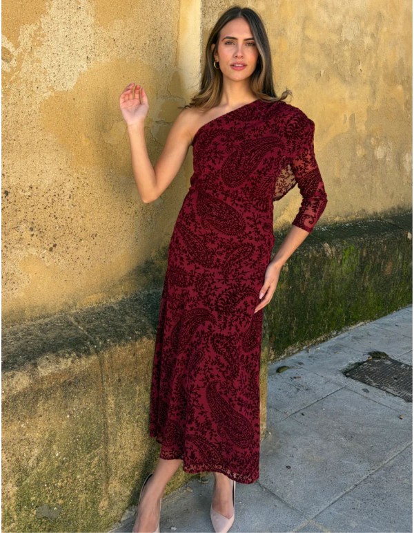 Burgundy midi dress in flocked chiffon and asymmetrical...