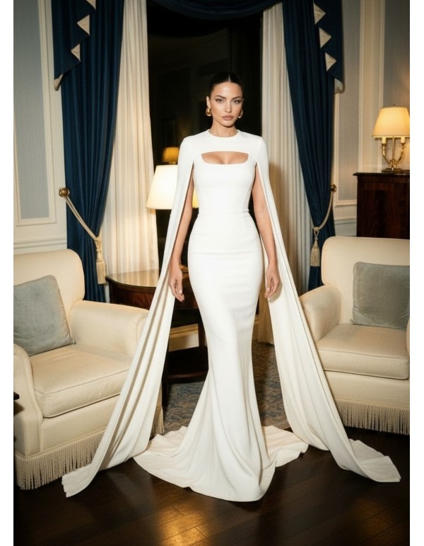Vestido largo blanco con corte en la cintura y capa incluida ideal para novias 2