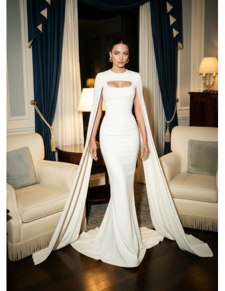 Long white dress with cut at the waist and cape included