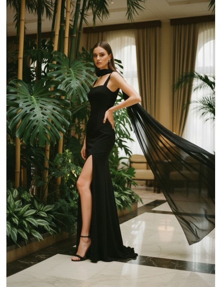 Longue robe noire en mousseline de soie avec bretelles et cape