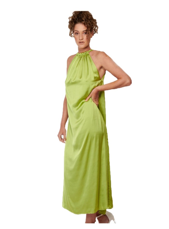 Long green party dress with halter neck