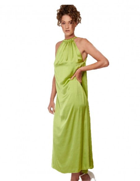 Long green party dress with halter neck