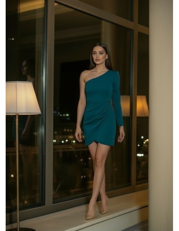 Short green dress with asymmetrical neckline and...