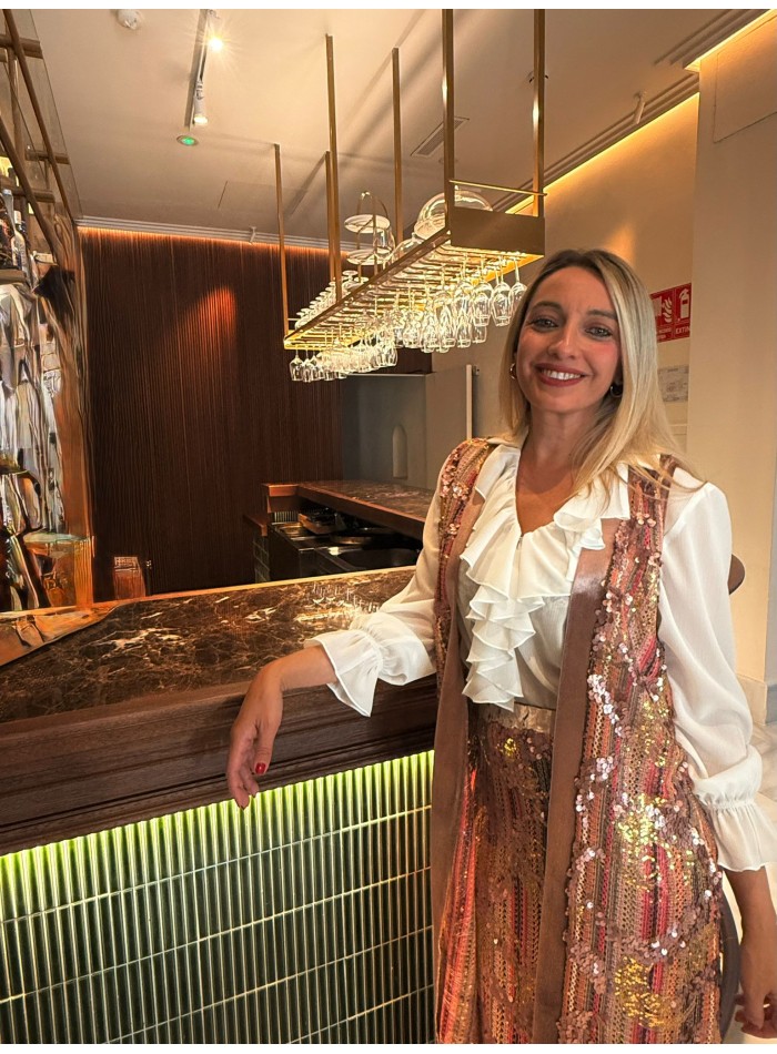 Gilet midi rose à paillettes avec biais en...