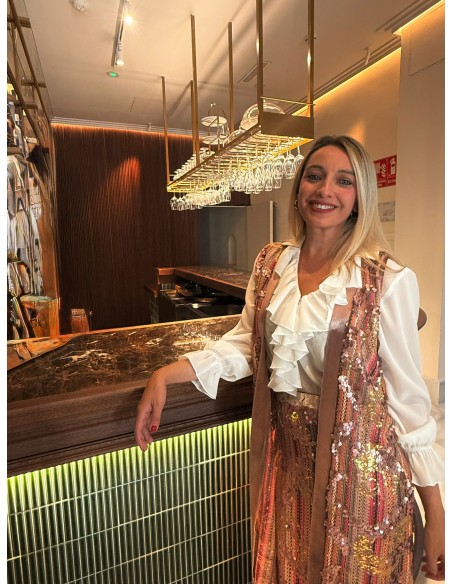 Gilet midi rose à paillettes avec biais en satin pour les fêtes