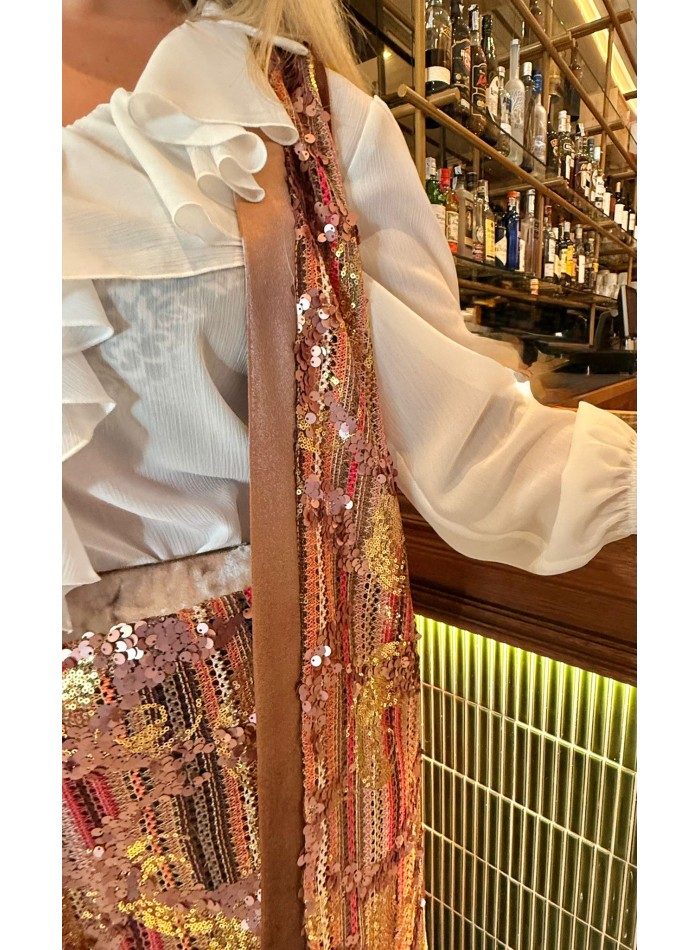 Gilet midi rose à paillettes avec biais en...