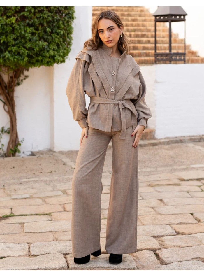 Beige jacket with bat sleeves