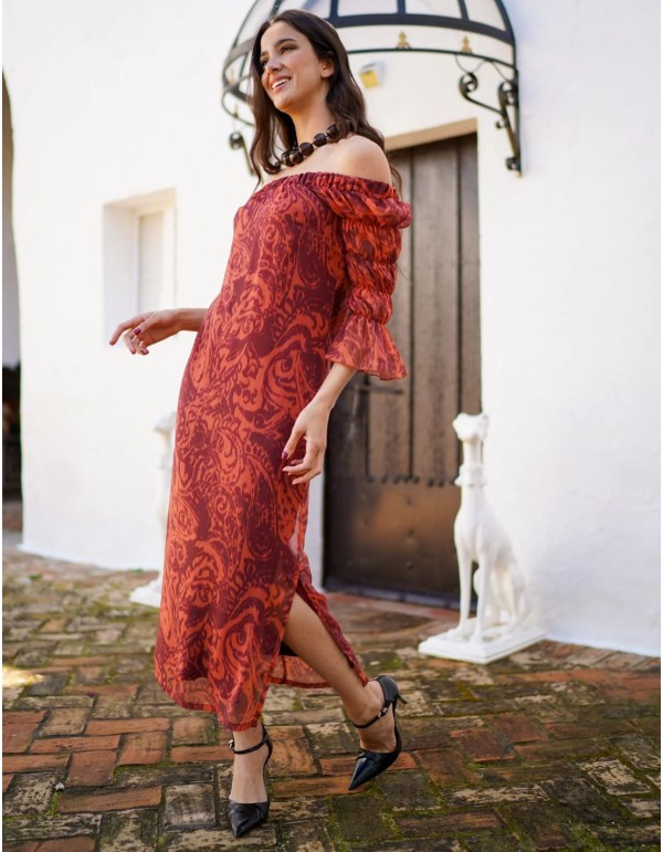 Vestido caldera con mangas abullonadas y estampado