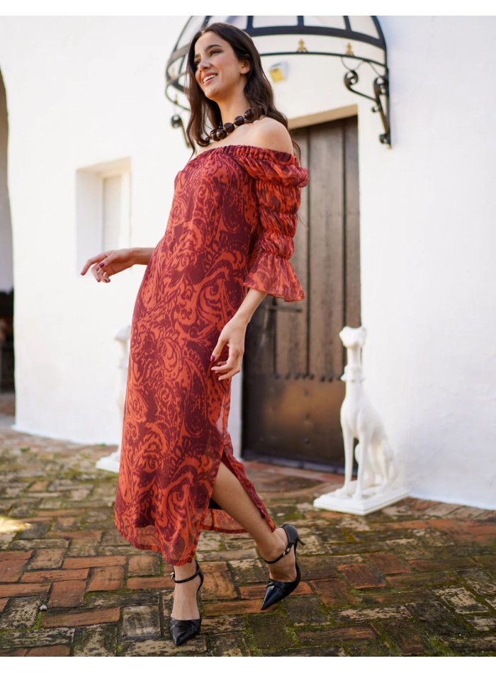 Robe midi à manches bouffantes et motif imprimé