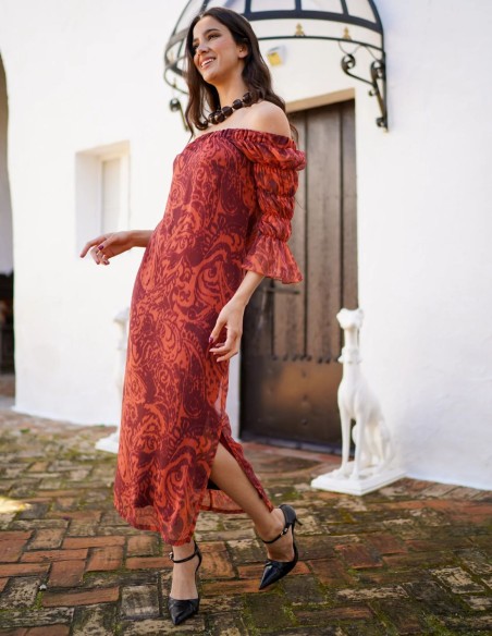 Robe midi à manches bouffantes et motif imprimé