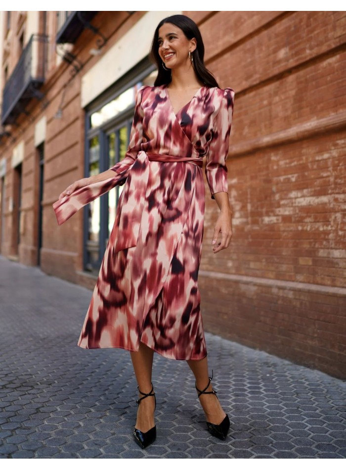 Brown printed midi cross over dress with long...