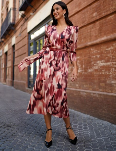 Brown printed midi cross over dress with long sleeves and belt