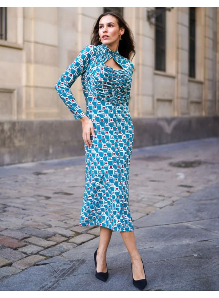 Blue midi dress in printed silk knitted fabric