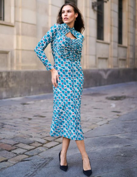 Blue midi dress in printed silk knitted fabric