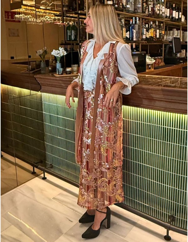 Gilet midi rose à paillettes avec biais en satin pour les...