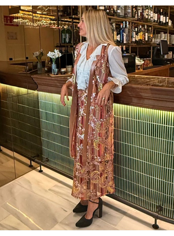 Gilet midi rose à paillettes avec biais en...