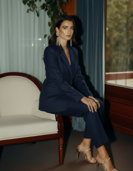 Navy blue double breasted blazer with collar and lapels