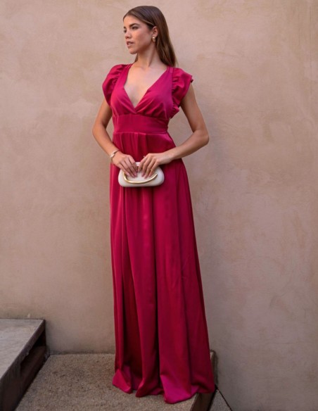 Cherry cherry long dress with ruffles and plunging neckline