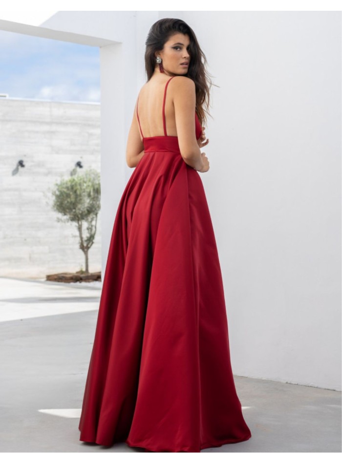 Long red dress with princess cut and plunging...