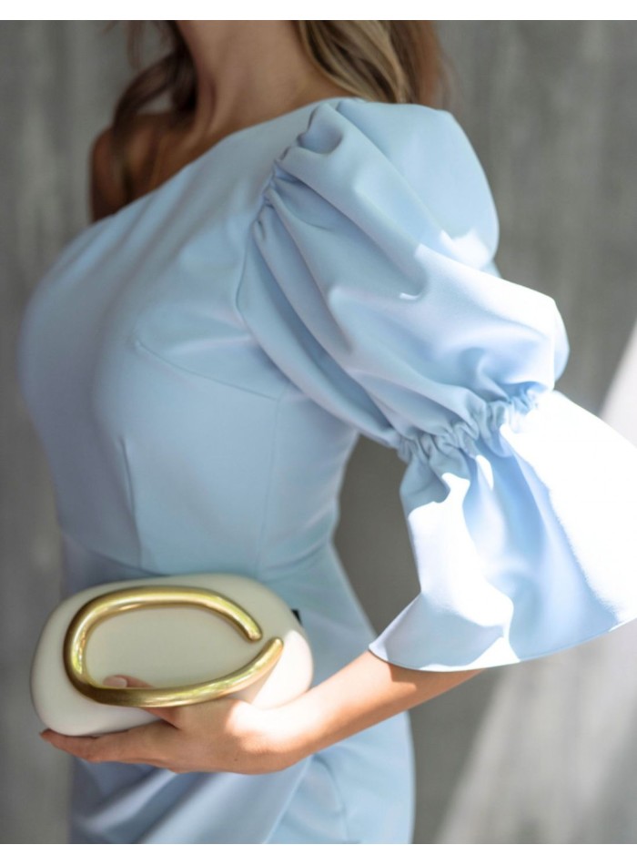 Short blue dress with asymmetrical neckline and...