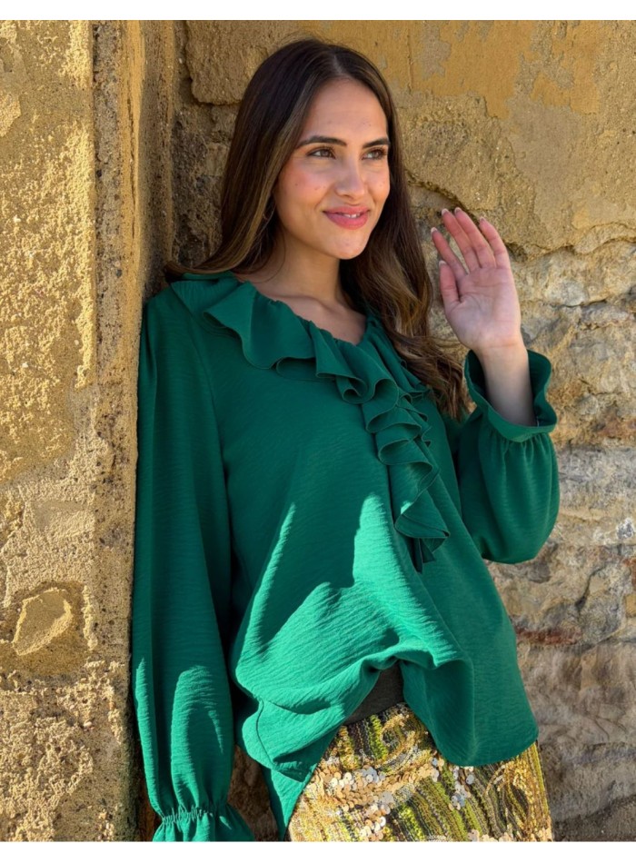 Green blouse with ruffles and long ruffled sleeves