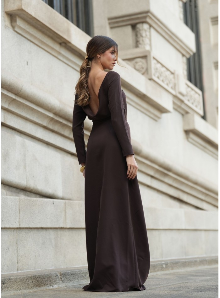 Long brown dress with boat neckline and shawl