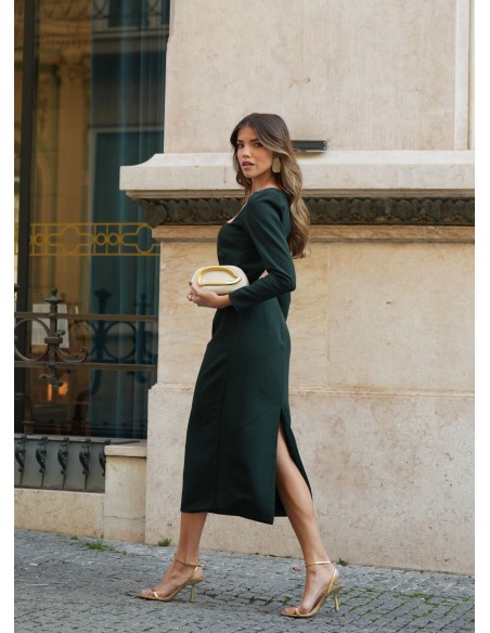 Dark green midi dress with square neckline and elegant long sleeves