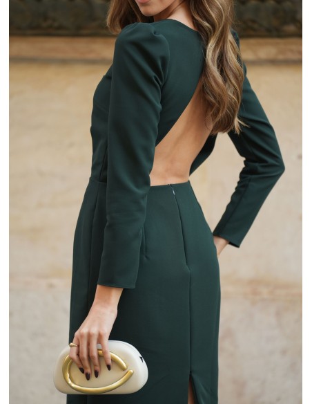 Dark green midi dress with square neckline and elegant long sleeves