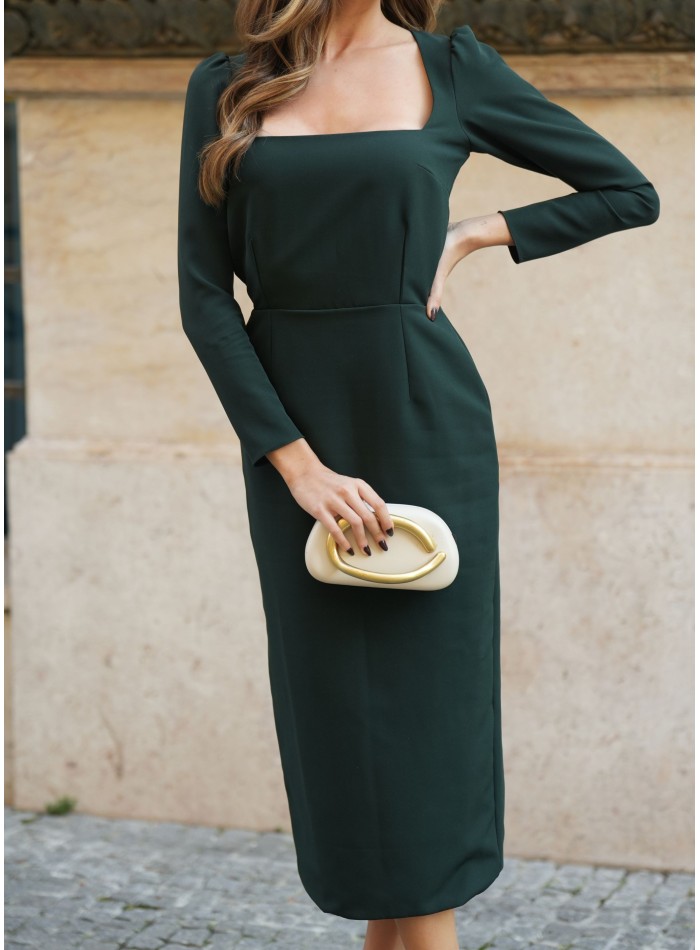 Vestido midi verde oscuro con escote cuadrado y manga larga elegante para cocteles