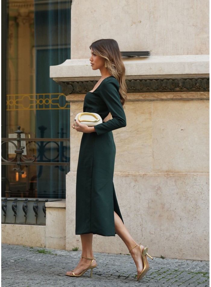 Dark green midi dress with square neckline and...