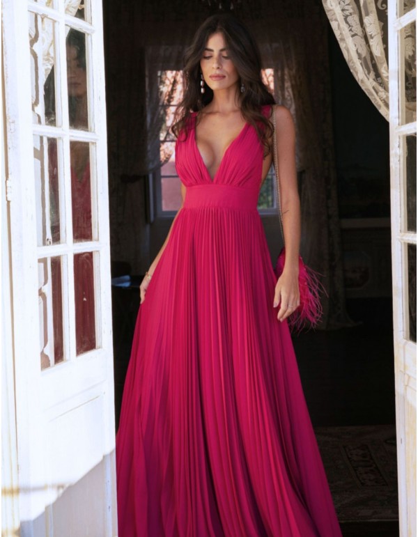 Cherry pink pleated long dress