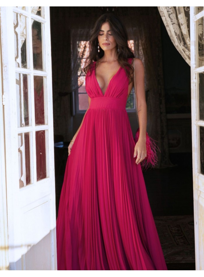 Robe longue plissée rose cerise