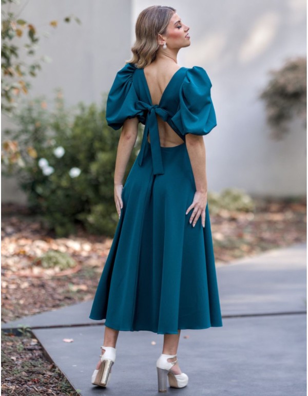 Robe midi verte à manches bouffantes