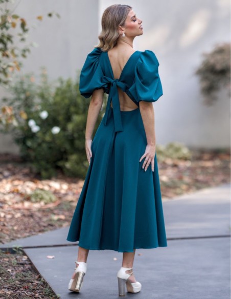 Vestido midi verde con mangas abullonadas para eventos