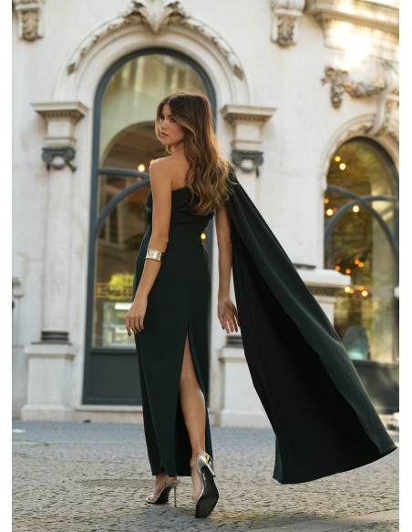 Green long dress with asymmetrical neckline and cape sleeves