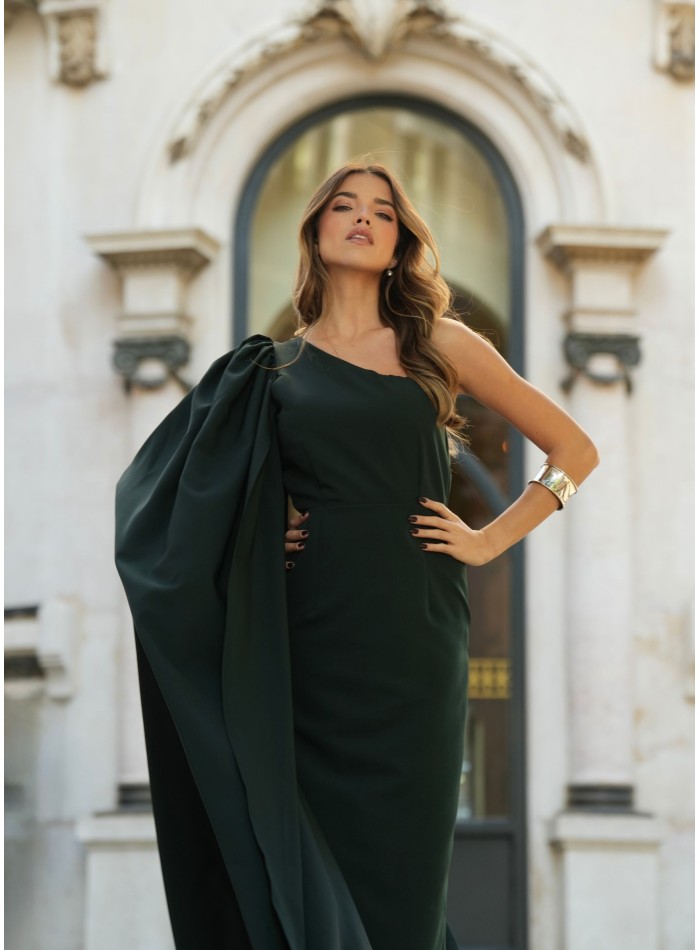 Green long dress with asymmetrical neckline and...