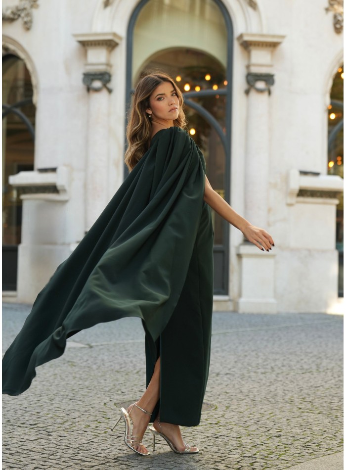 Green long dress with asymmetrical neckline and...