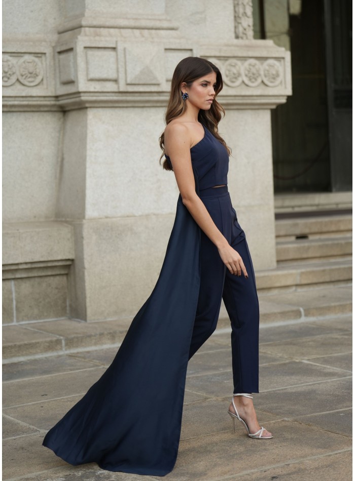 Navy blue high-waist pants with side pockets...