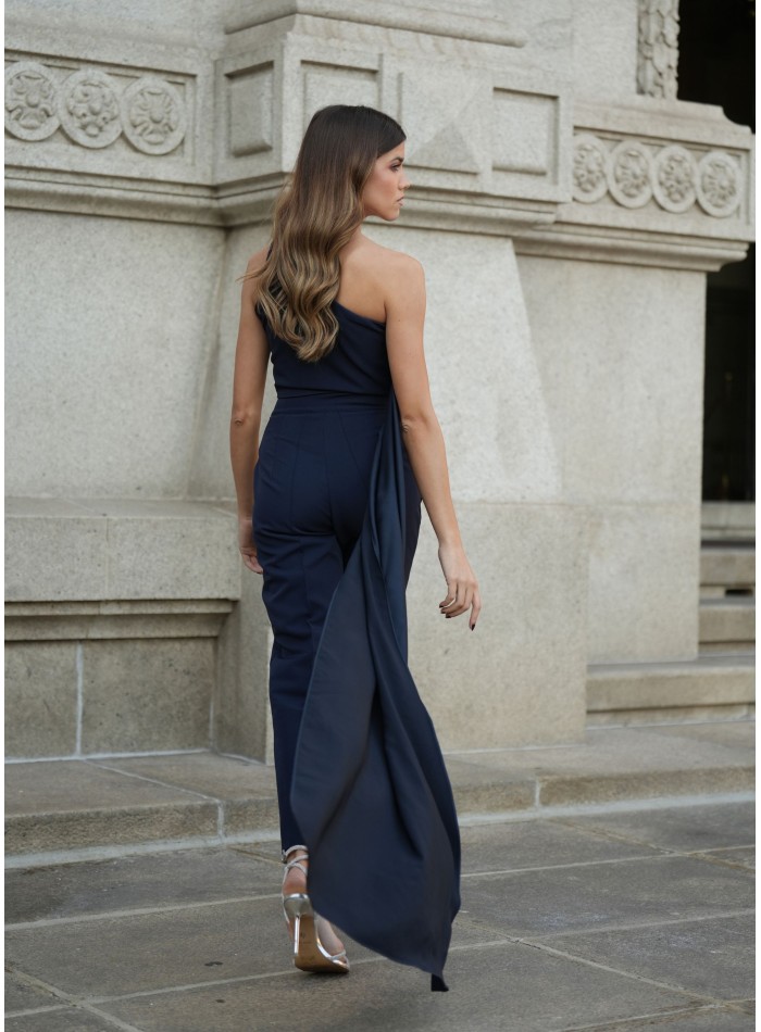 Navy blue high-waist pants with side pockets...