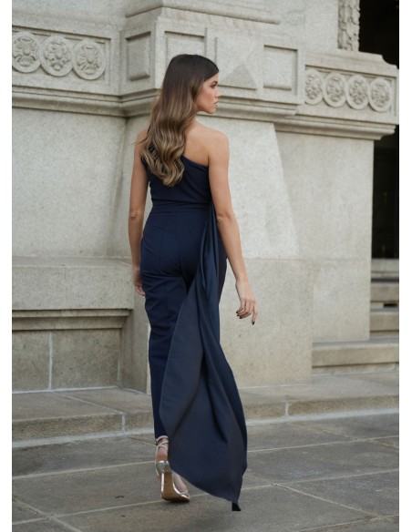 Pantalon taille haute bleu marine avec poches latérales et fermeture éclair invisible