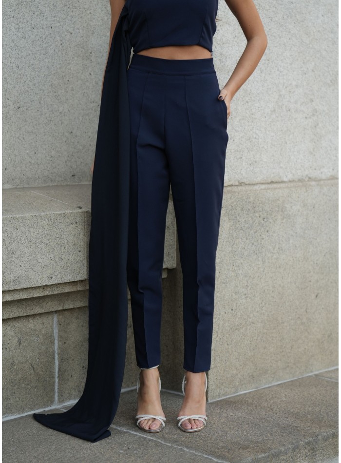 Navy blue high-waist pants with side pockets...