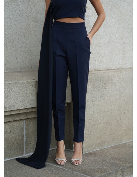 Pantalon taille haute bleu marine avec poches latérales et fermeture éclair invisible