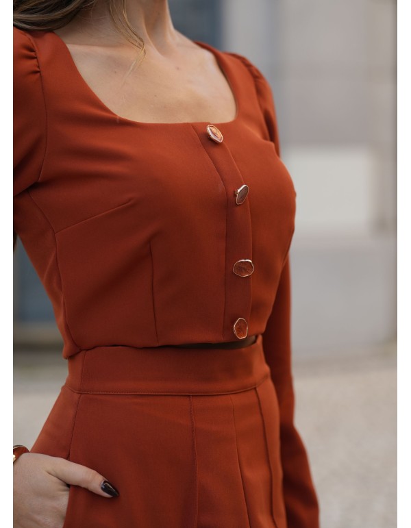 Terracotta blouse with square neckline and long sleeves 2